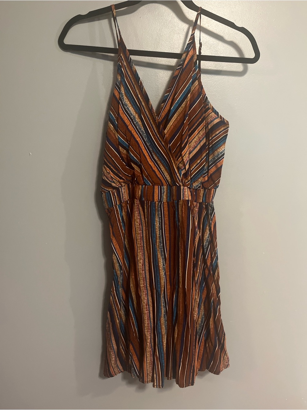 Striped V-Neck Spaghetti Strap Dress in Rust Multi